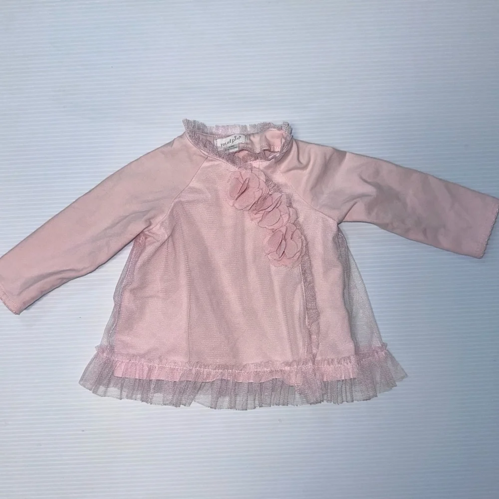 Girl Mud Pie Blouse 3-6M Pink ruffle baby flowers fancy tulle embellishment